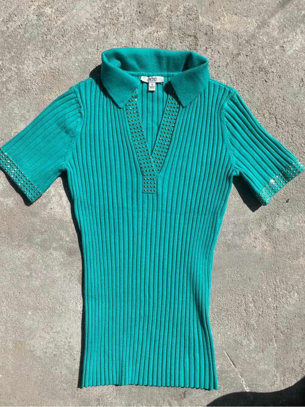 VTG y2k Cache Teal Ribbed Polo with gold Stud Trim
